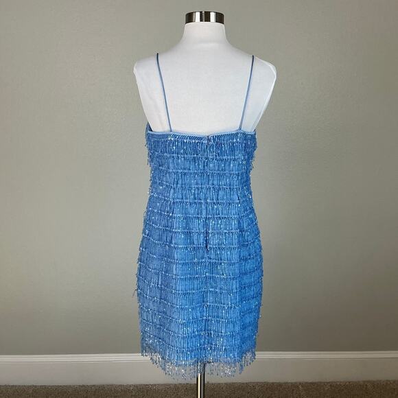 Aidan Mattox Sequined Fringe Mini Sheath Cocktail Dress Blue Size 6 Sleeveless - Picture 6 of 14